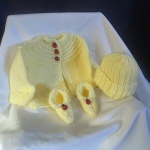 Hand-Knit Baby Sweater, Hat & Booties Set